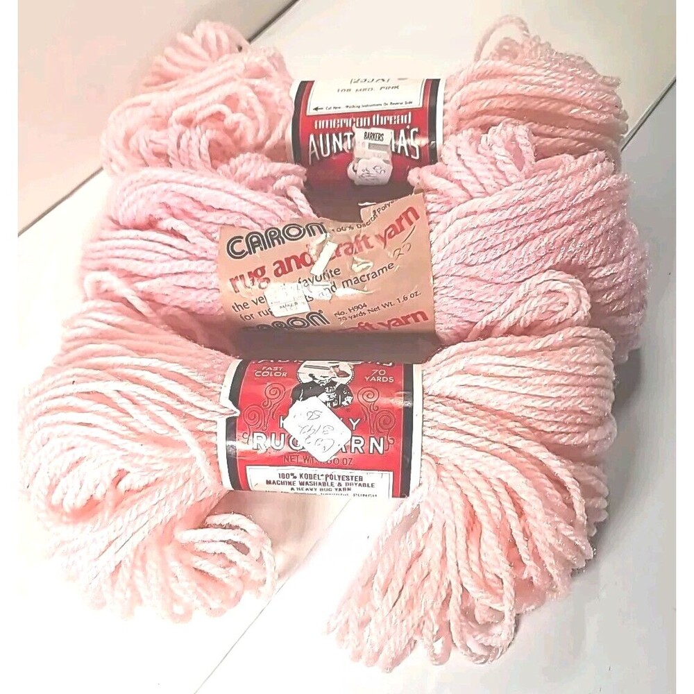 NWT Vintage 2 Aunt Lydia's Pink Rug Yarn , 1 Caron Pink Rug Yarn 3 Skiens Total